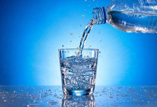 Clear plastic bottle pouring fresh mineral water into a transparent glass, creating dynamic splashes, droplets, bubbles, and reflections against a vibrant blue background.