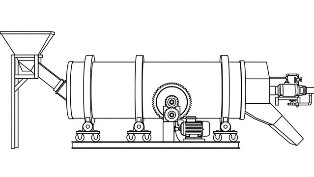Industrial conveyor system line drawing white background.