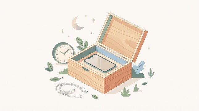 Digital detox concept featuring a smartphone resting inside a quiet box, symbolizing screen breaks, mindful disconnection and healthier technology habits.