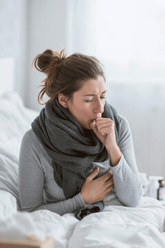A woman with her hair in a bun, looking ill while sitting in bed. She is coughing, with one fist raised to her mouth.
