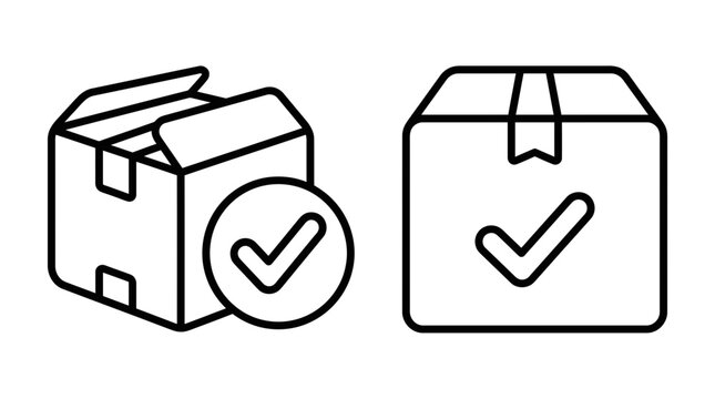 Package delivery line icon set with open and closed cardboard boxes with checkmark symbols for shipment status and order confirmation