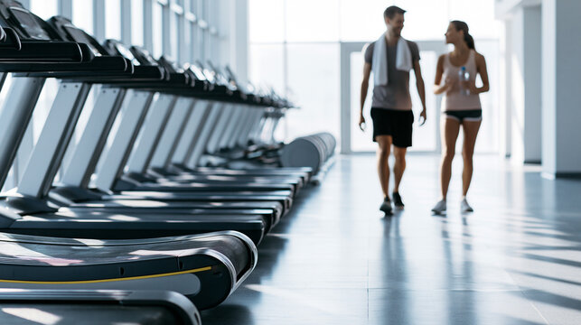 A woman and a man walking side by side on a light gray tiled floor in a brightly lit gym.
