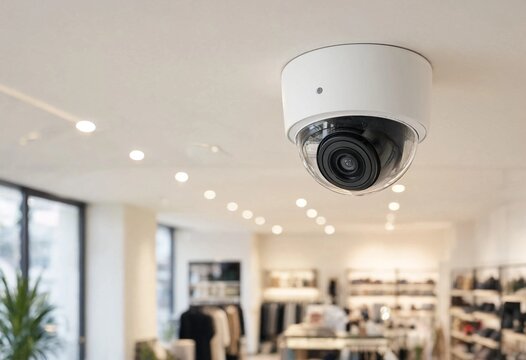 Modern white dome security camera mounted on a ceiling inside a bright retail interior, featuring sleek design, glossy lens, soft bokeh, and professional surveillance technology.