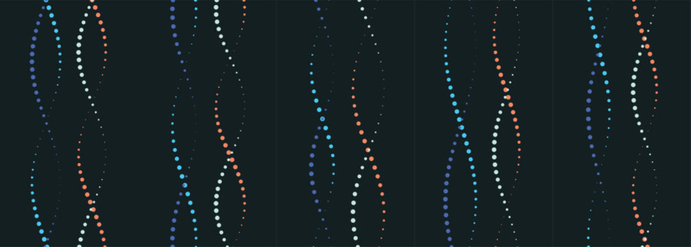 Abstract dna-like double helix patterns composed of glowing colorful dots