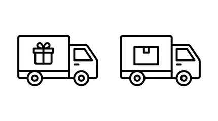Fototapeta premium Delivery truck outline vector icon set with gift box and parcel shipping symbols for logistics and ecommerce