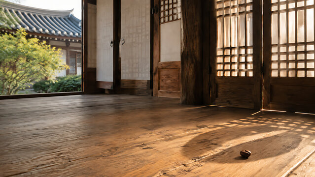 Single Coffee Bean in Morning Light on a Traditional Korean Hanok Floor
