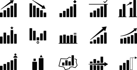 Obraz premium Set of black business bar chart icons representing financial growth and market performance analysis data