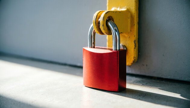 Red safety padlock fitted through a yellow lockout hasp close up