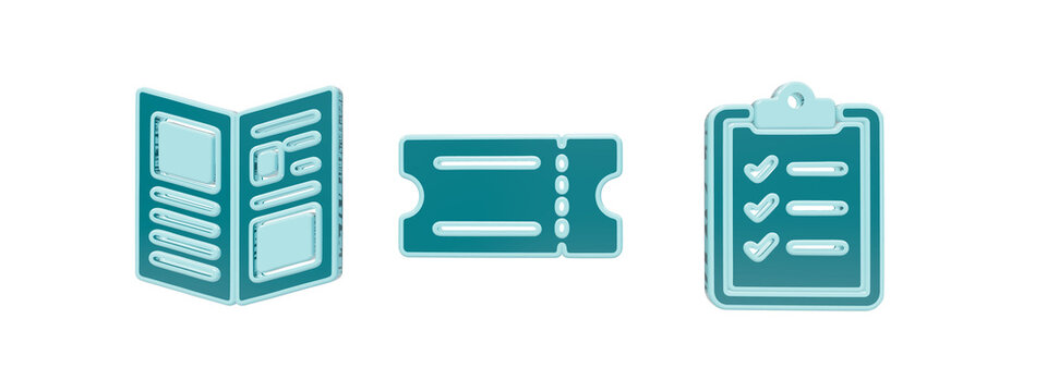 3D teal icons of an open brochure, an admission ticket, and a clipboard with a checklist for business and event planning isolated on a transparent background