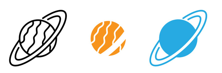Set of three stylized planet icons with rings in black orange and blue colors on white background © MdSomun
