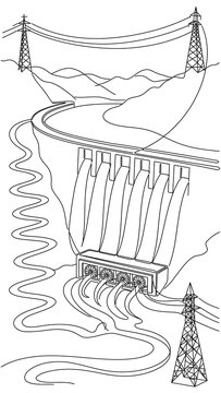 Hydroelectric dam and power lines white background.
