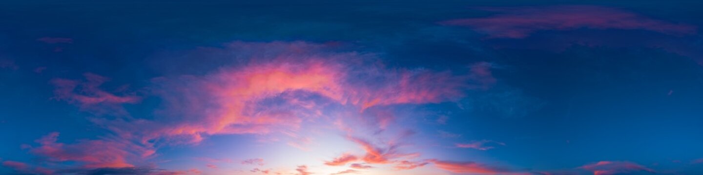 Sky Sunset Panorama featuring pink and blue clouds at twilight for 360 degree environments and background textures