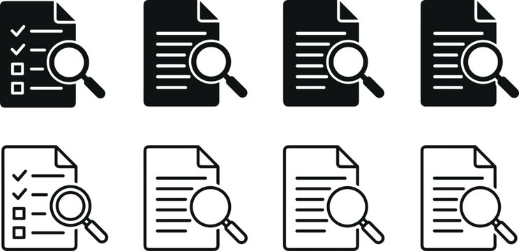 Black and white document search and data audit vector icons set featuring checklist and magnifying glass symbols.