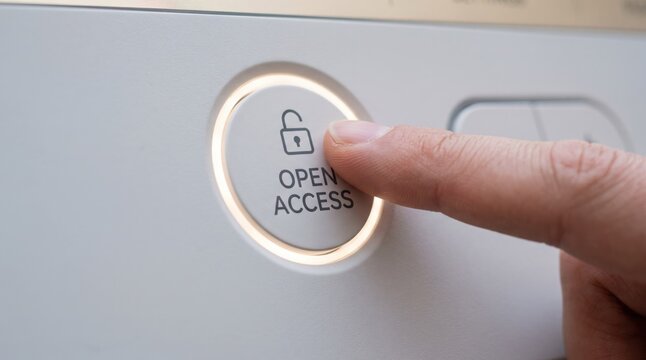 Finger pressing open access button on lock, security panel entry code, access control system hardware.