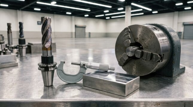 Carbide end mill, micrometer, lathe chuck, and ground steel block on a stainless workbench for precision machining and manufacturing innovation.