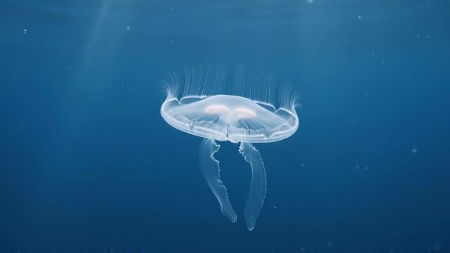 Transparent jellyfish swimming gracefully in deep blue water with sun rays beaming from above.