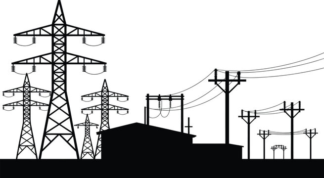 Black silhouette of an electrical substation featuring large metal transmission towers, power lines, and a transformer building, isolated on a white background