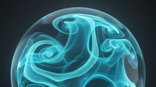 Abstract glowing cyan fluid swirling inside a transparent glass sphere on dark background