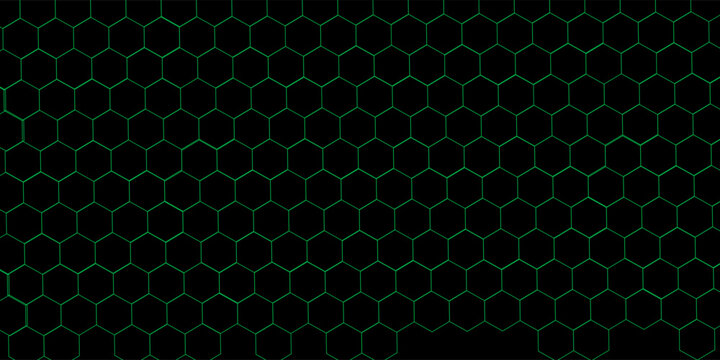 Futuristic Green Hexagon Grid Pattern Over Black Background With Geometric Honeycomb Texture