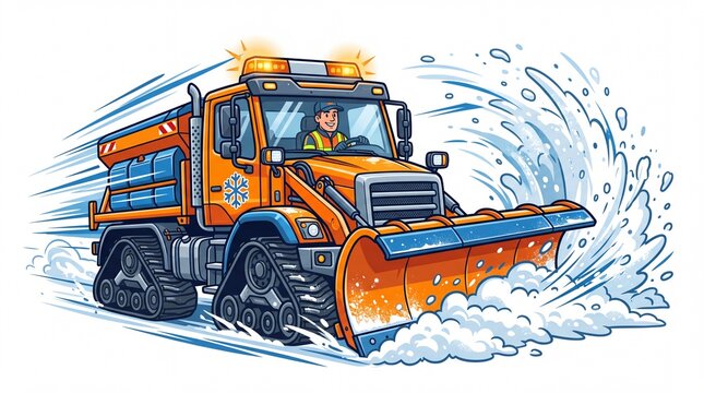 Orange tracked snow plow truck with spinning amber lights clearing heavy winter drifts on white background
