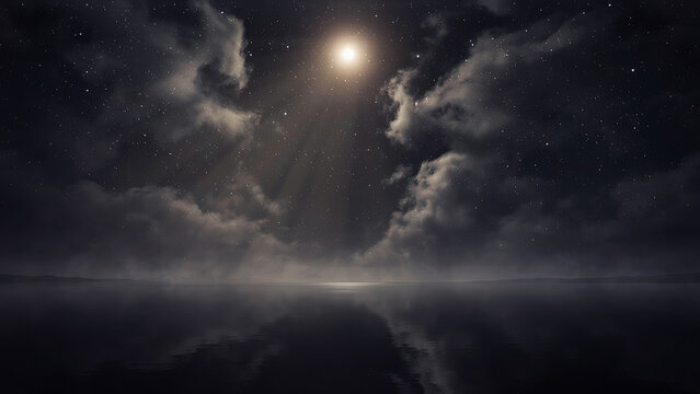 Ethereal dark ocean landscape with starry night sky and full moon