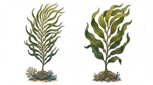 Vibrant green kelp forest plants featuring detailed organic seaweed structures displayed on white background