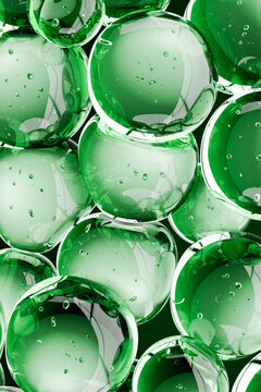 3D abstract render of transparent green glass spheres with bubbles and liquid. Futuristic molecular structure for skincare, biotechnology, nanotechnology, hydration, and medical concepts.