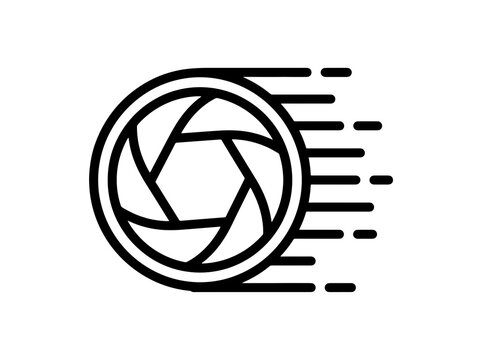 A camera aperture symbol with motion lines represents speed and photography while conveying creativity and digital art.