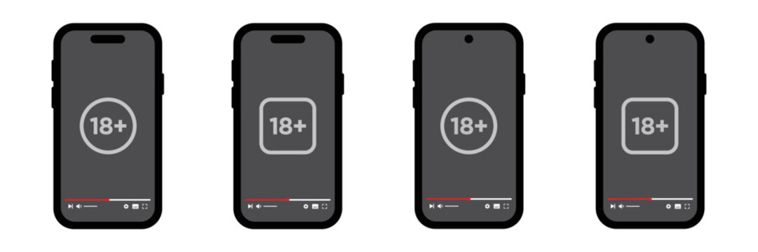 18+ video on phone screen icon, vector illustration