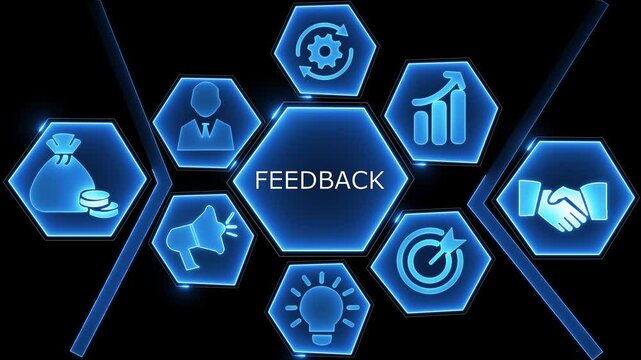 Digital hexagonal infographic with icons representing business feedback and success on a dark blue background 4k