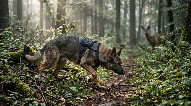German Shepherd working dog tracking in a misty forest, active service dog with harness on a woodland trail, wild deer in the background