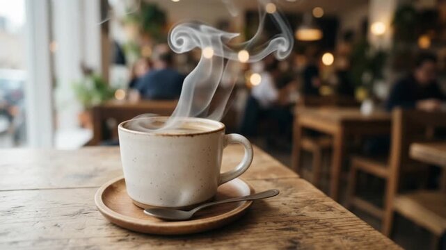 Steaming Hot Coffee Cup on Wooden Table in Cozy Blurred Cafe Environment