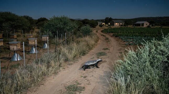 Honey Badger on Dirt Road at Dusk: A lone honey badger cautiously navigates a dusty dirt road adjacent to a rural farm at twilight.