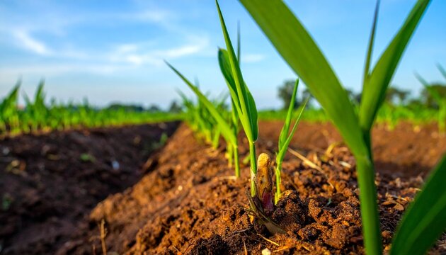 Young green corn plants growing in fertile soil.