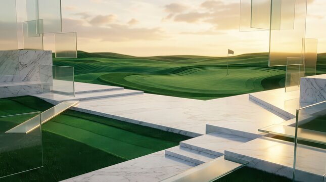 Abstract Golf Course Landscape with Marble and Glass Elements at Sunset green