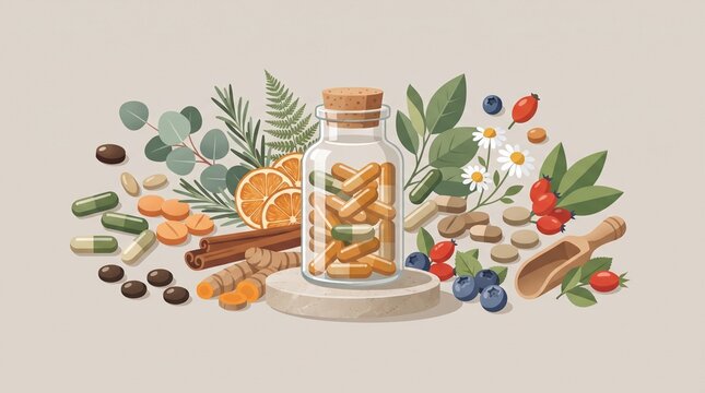Natural supplement concept combining vitamins, capsules and botanical ingredients to represent modern wellness, nutrition and healthy lifestyle choices.