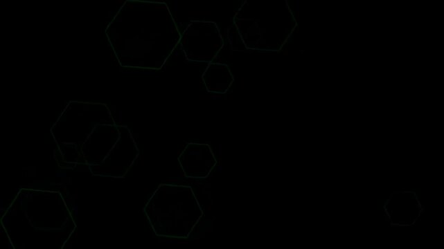 Abstract background with glowing hexagonal bokeh light particles on black.