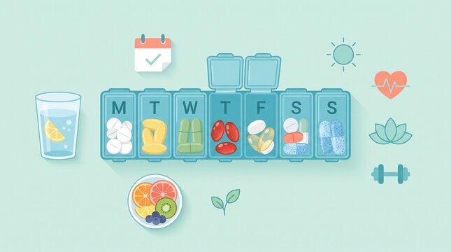 Organized daily vitamin supplements with a weekly pill container, water and nutritious foods illustrating convenient wellness routines and nutritional planning.