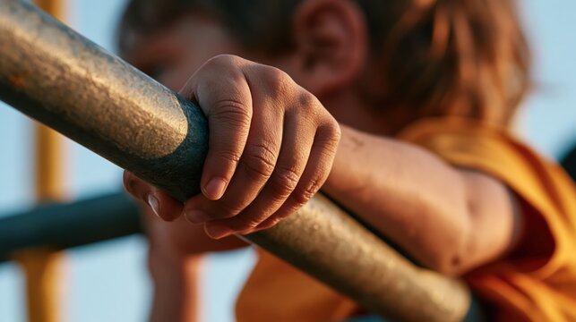 Child gripping monkey bar at playground from over - the - shoulder perspective