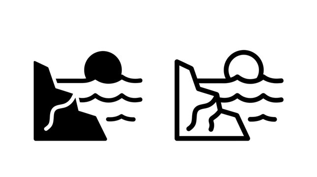 Sunset landscape with cliff and ocean waves vector icon illustration