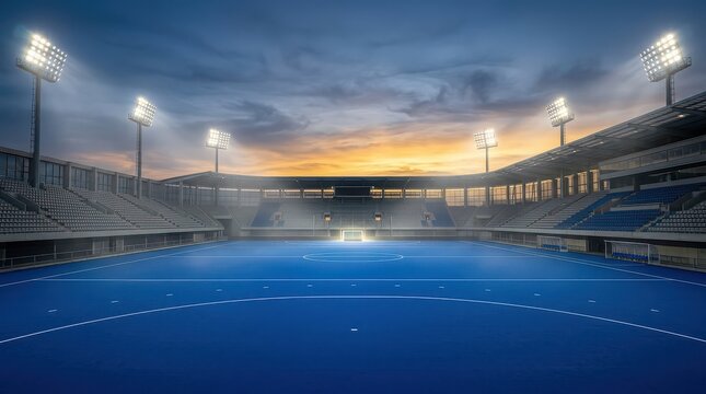 Empty blue hockey field in a modern stadium with floodlights at dusk arena sports