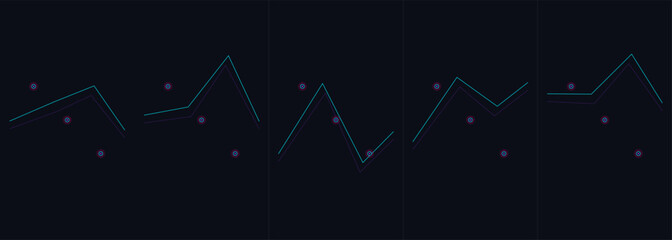 Fototapeta premium Five distinct line graphs with data points isolated on a dark background