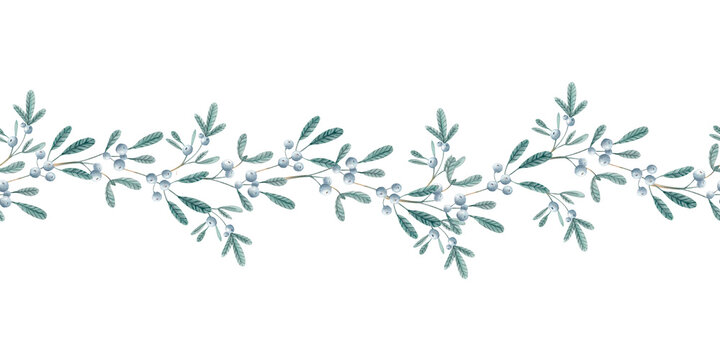 Watercolor hand drawn mistletoe seamless border with pastel blue berries and delicate green leaves. Vintage botanical design for Christmas textiles, wrapping paper, stationery, packaging or home decor