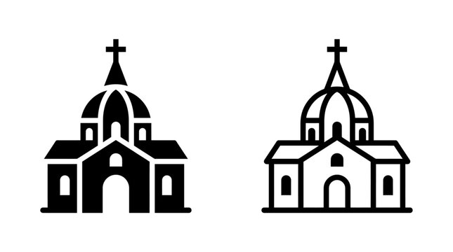 Black and white church building icons with dome and cross silhouette