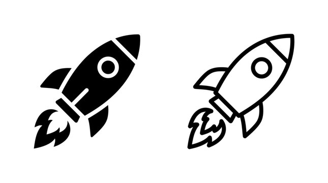 Diagonal rocket launch icons set in solid and outline design with astronomy