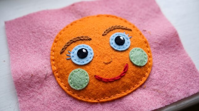 Handmade Felt Face Patch with Stitched Eyes and Smile, Cute Orange Character Craft Close-Up