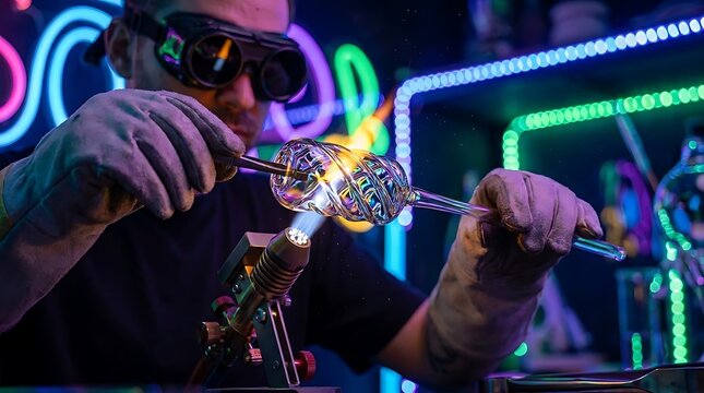 Artisan glassblower shaping molten glass with gas torch flame.