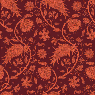 Vintage monochrome hand drawn Jacobean floral seamless pattern with folk botanical damask motifs. Boho Paisley orange blooms and trailing vines on dark red background