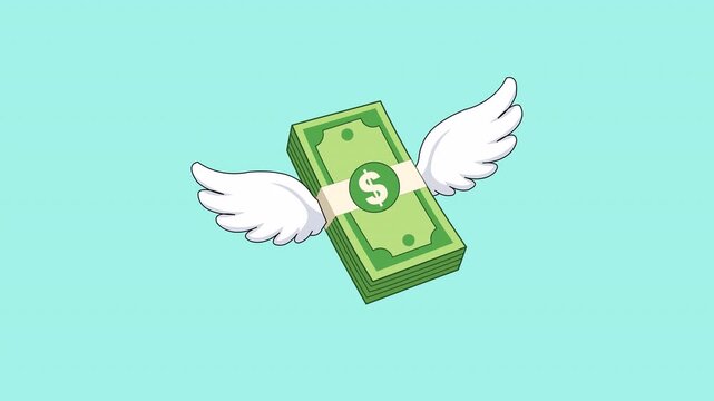 Flat 2D vector animation of a dollar bill with wings symbolizing financial growth and freedom, clean business concept with alpha channel transparent background.
