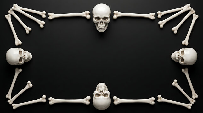 A creatively designed artistic composition featuring human skeletal remains carefully arranged into a rectangular frame against a stark dark black backdrop